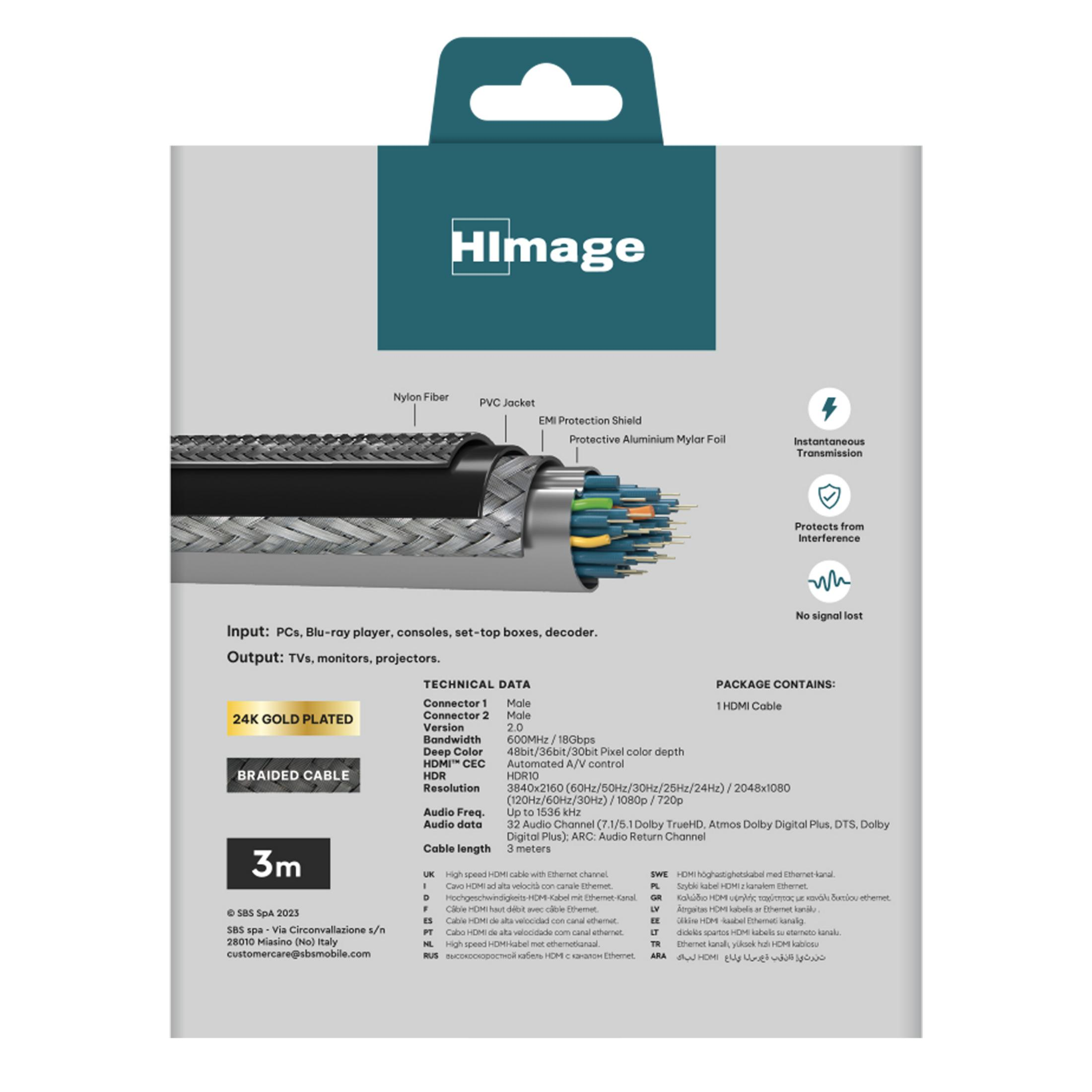 Parte trasera del embalaje de un cable HDMI con especificaciones y diagrama.