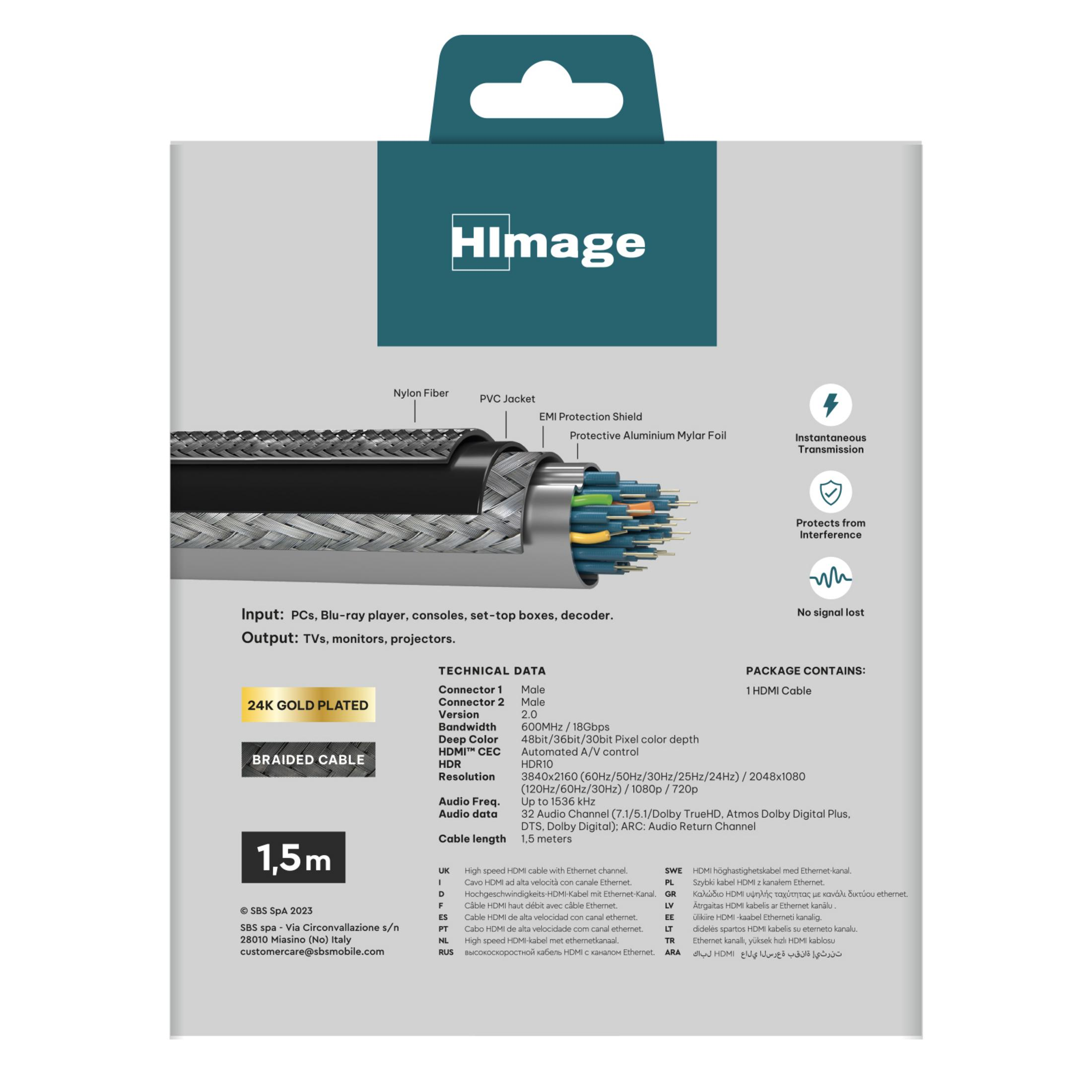 Parte trasera del embalaje de un cable HDMI de 1.5m con datos técnicos, características y vista despiezada.