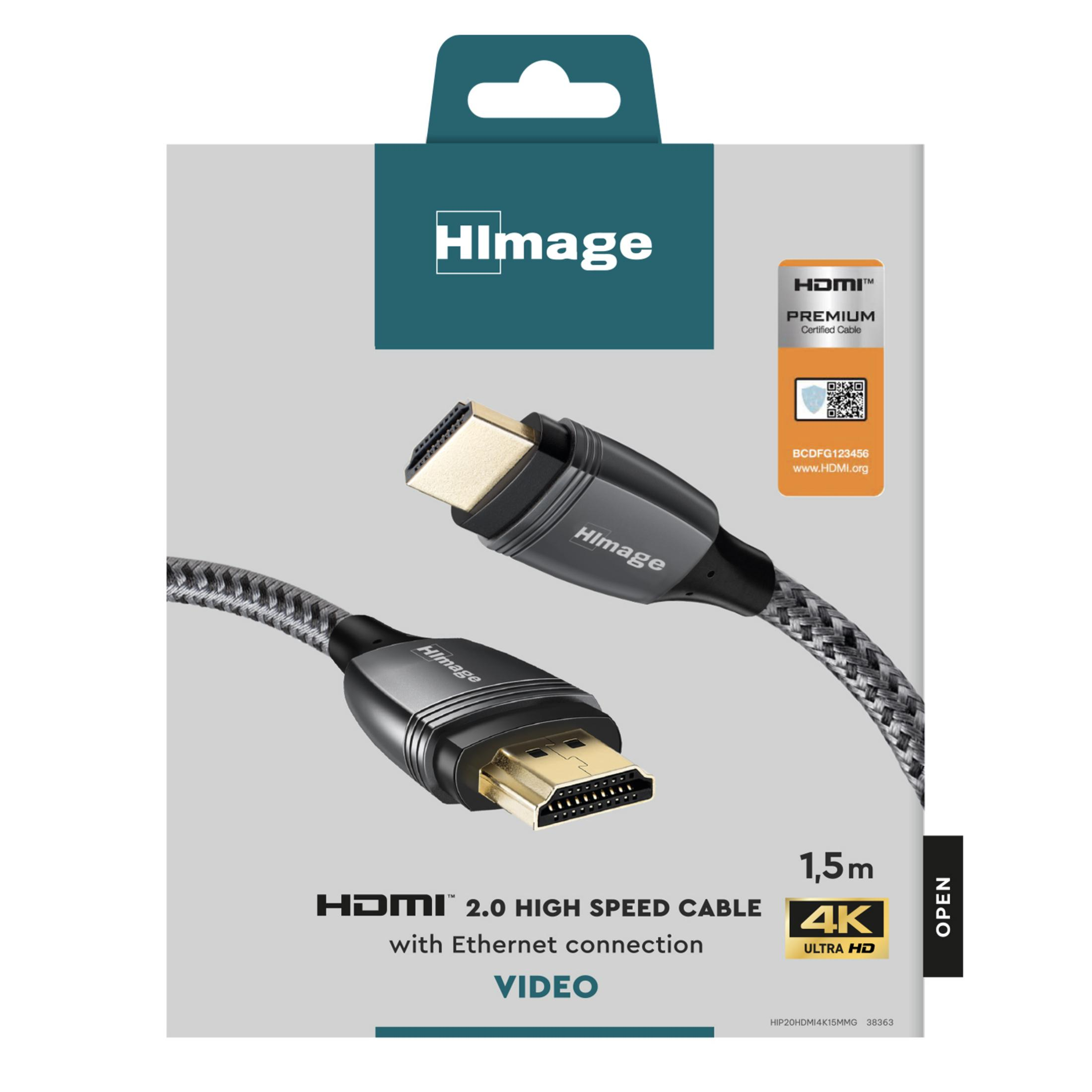 Embalaje de un cable HDMI 2.0 de alta velocidad de 1.5m con Ethernet en gris.