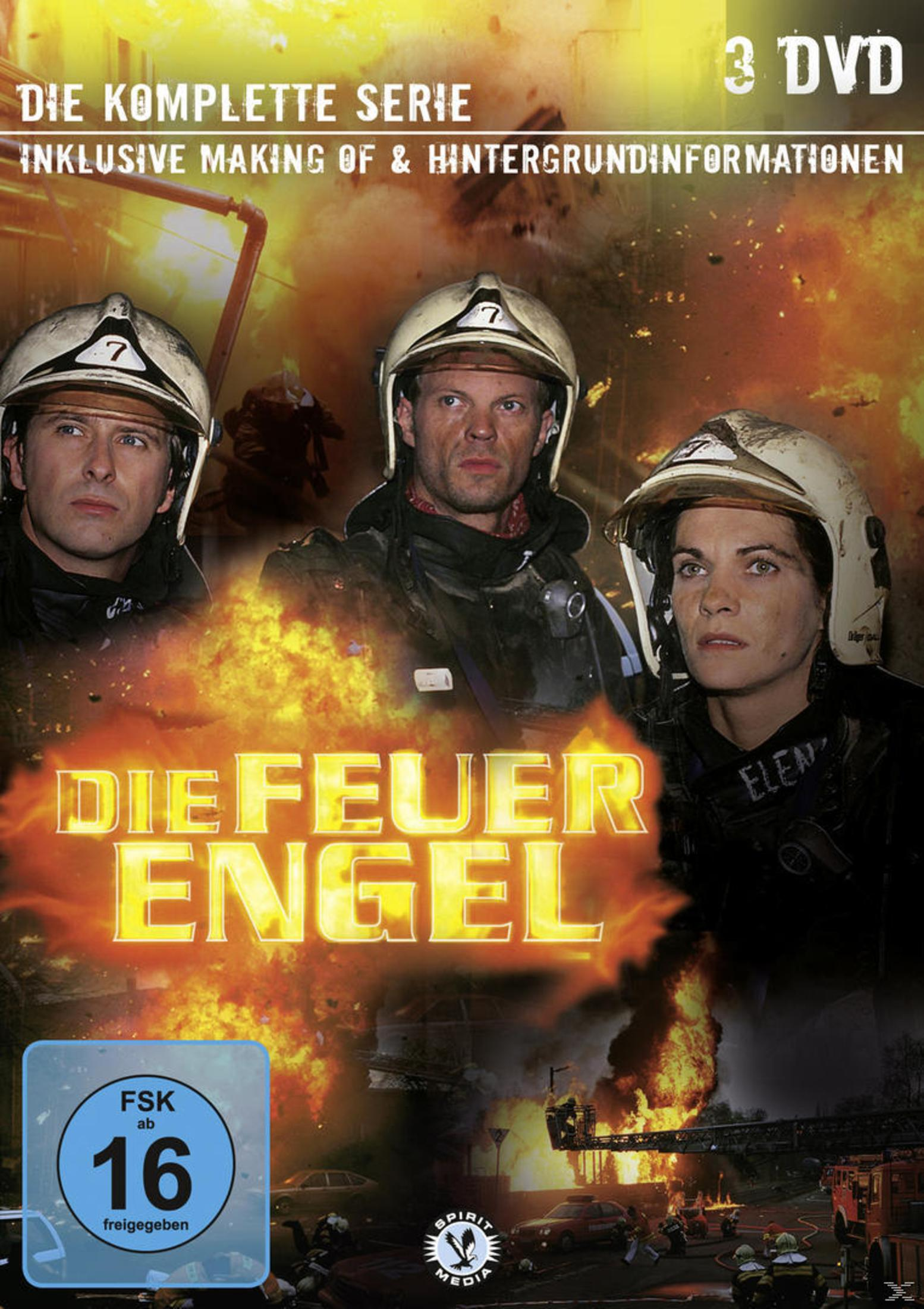 Drei Feuerwehrleute in Helmen vor brennendem Hintergrund mit dem Titel Die Feuerengel und FSK-16-Logo.