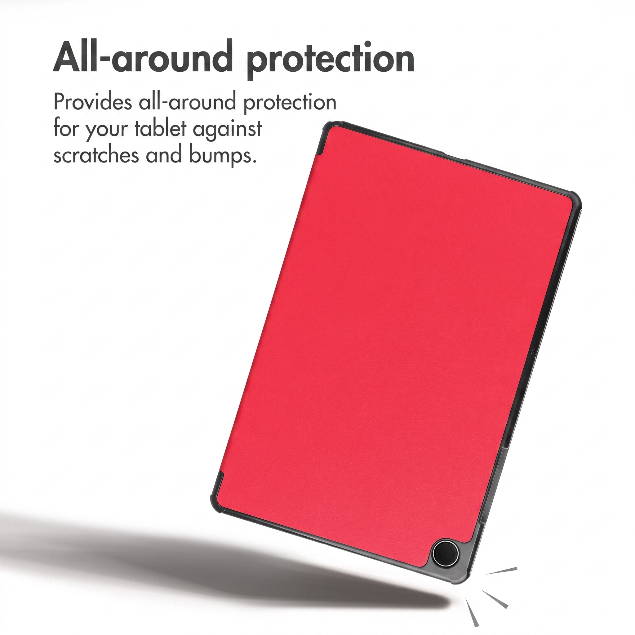 A red tablet case protects the device from scratches.