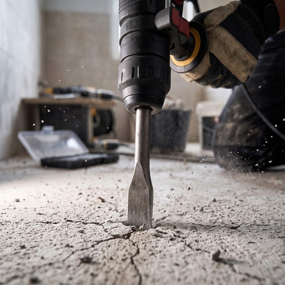 Bir işçi elektrikli kırıcı çekiçle beton zemini kırıyor, etrafa tozlar uçuşuyor.