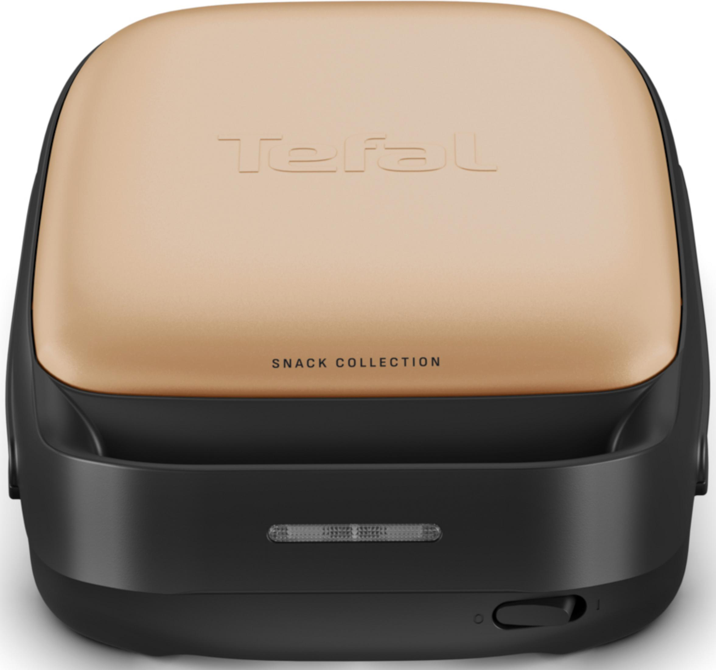 Tostapane Tefal Snack Collection nero e oro con coperchio liscio chiuso e spia luminosa su sfondo bianco.