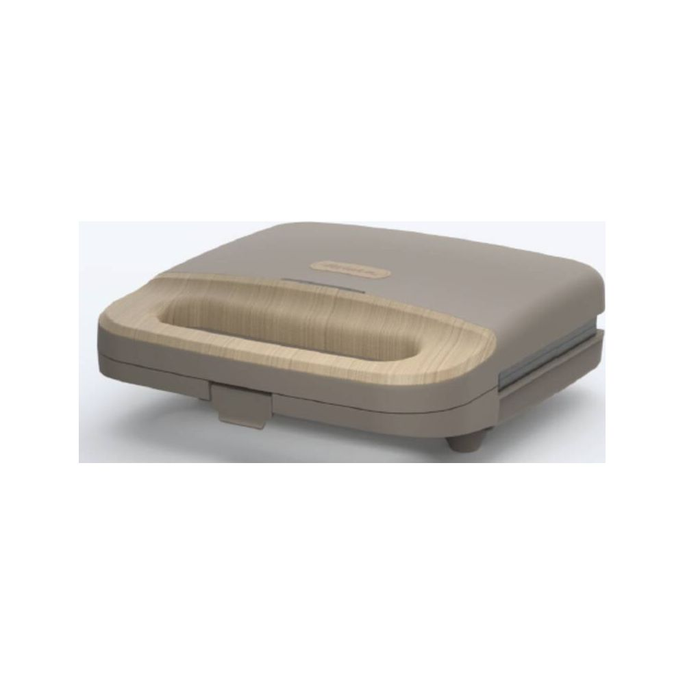 Una tostiera beige con dettagli effetto legno sul manico, vista da un angolo leggermente rialzato su sfondo bianco.