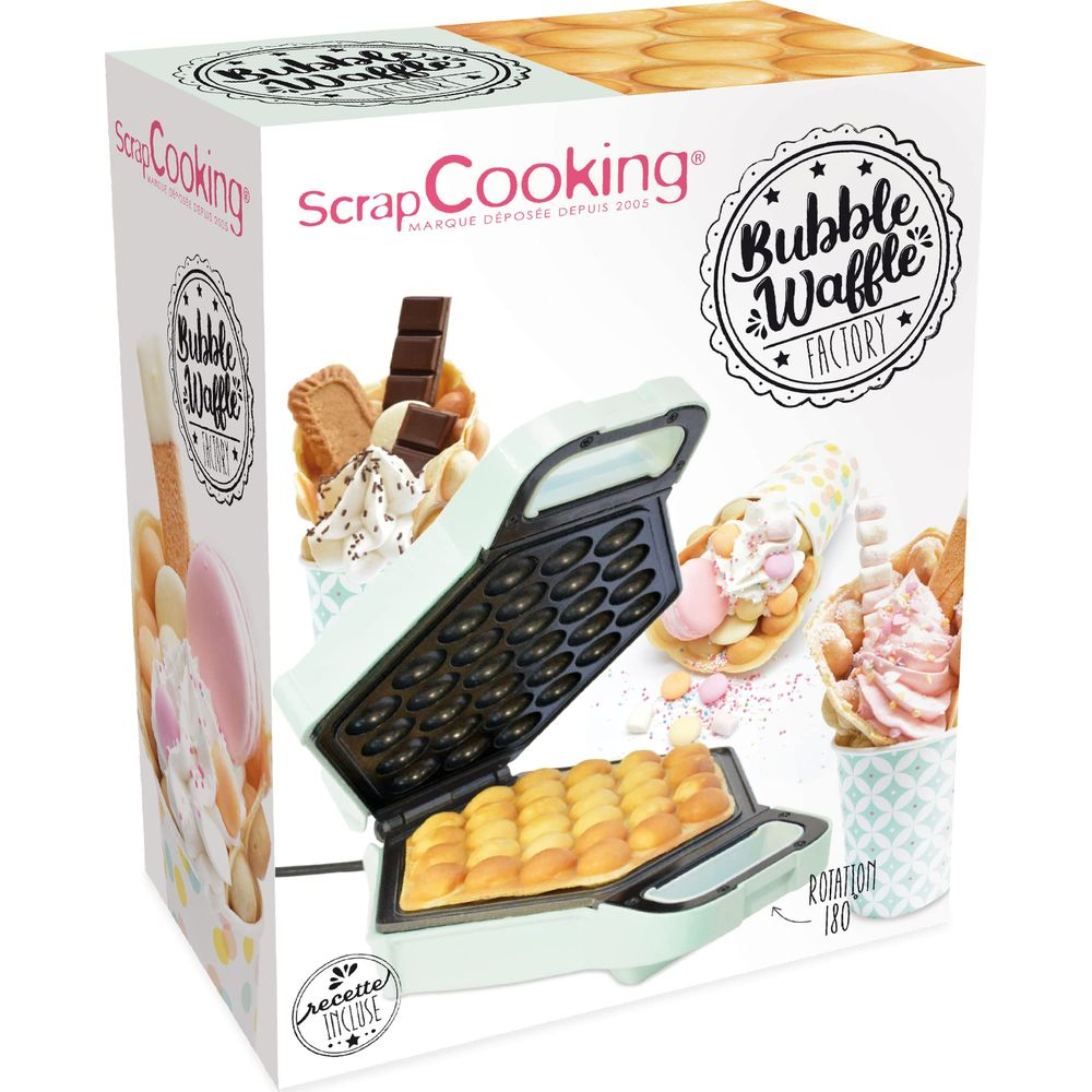 Scatola ScrapCooking Bubble Waffle Factory con piastra per waffle verde menta e waffle decorati.