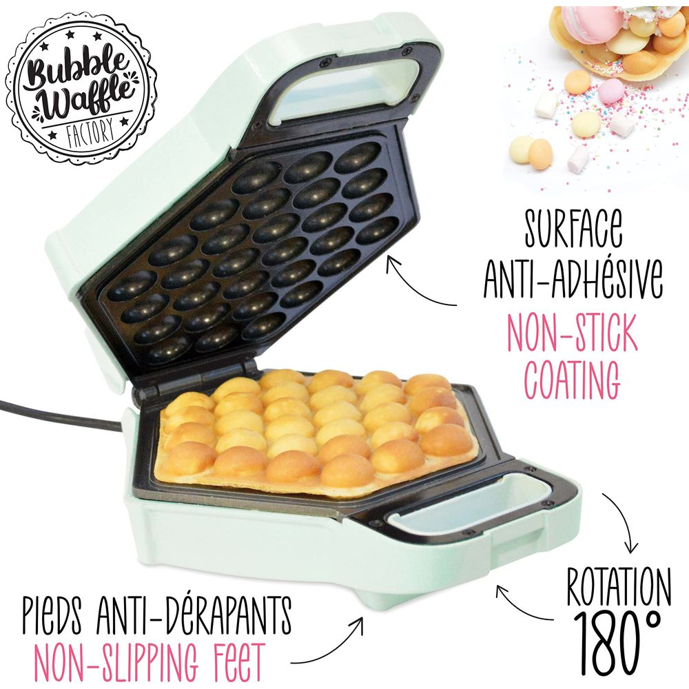 Macchina per waffle a bolle verde chiaro con rivestimento antiaderente e piedini antiscivolo.