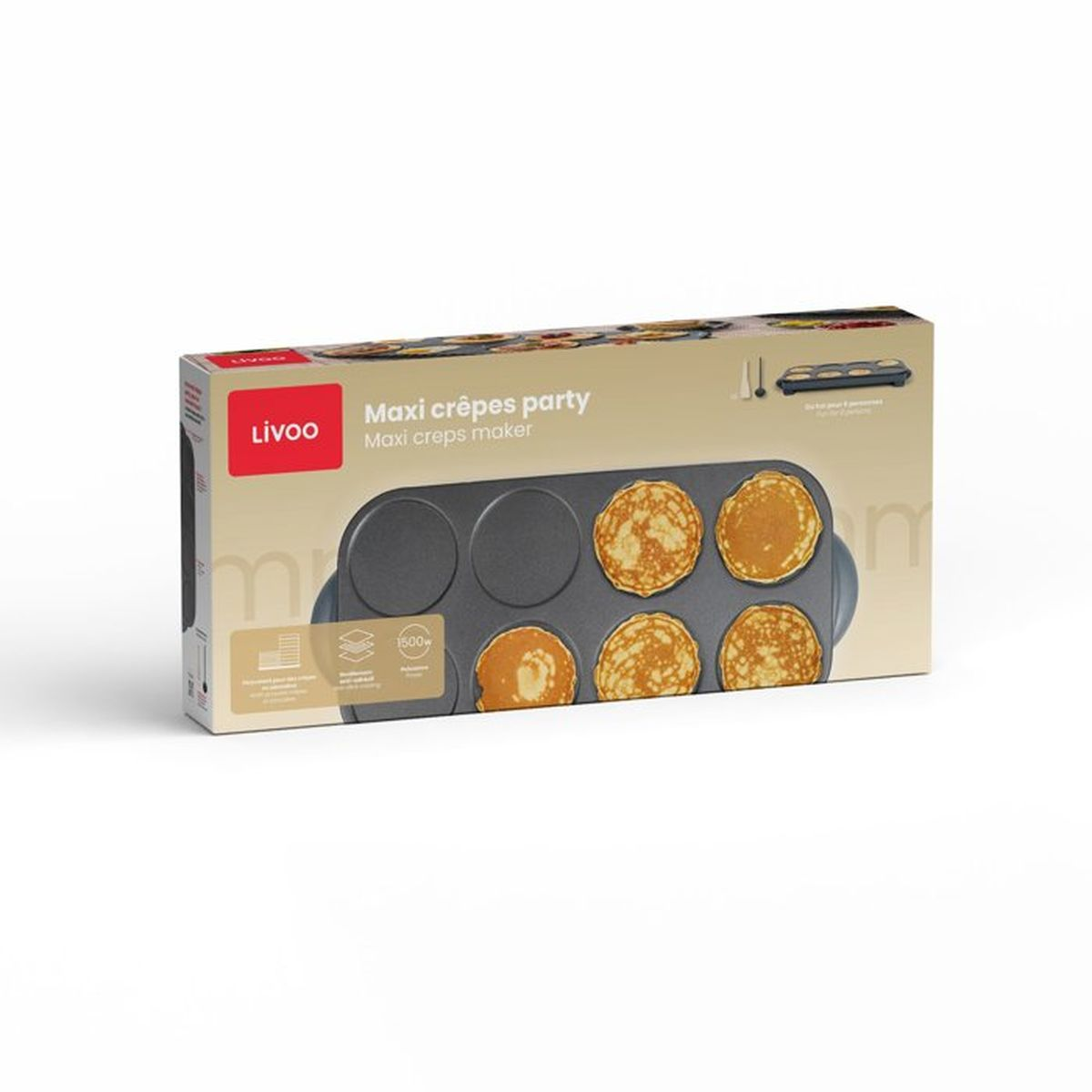 Scatola di una piastra per mini crêpes Livoo Maxi Creps Maker con foto.