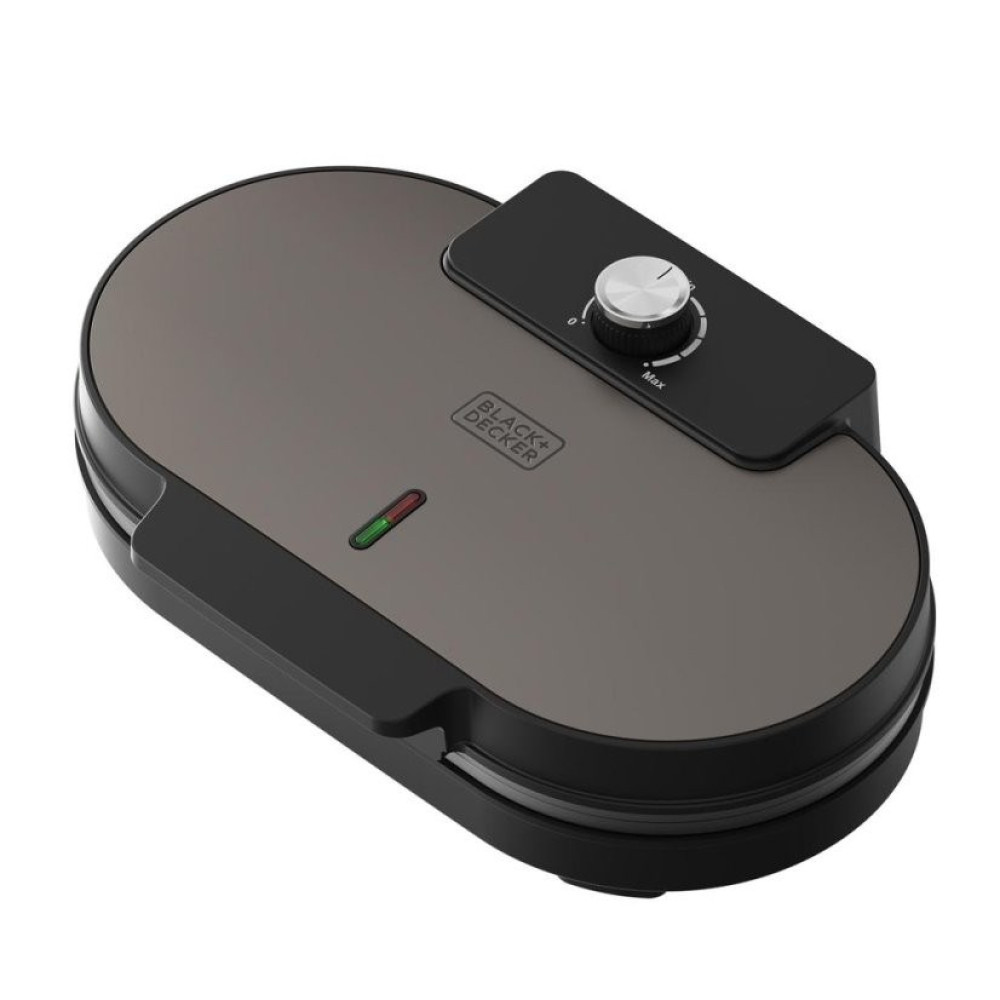 Owalna, szaro-czarna gofrownica Black+Decker z pokrętłem regulacji i lampką kontrolną na białym tle.