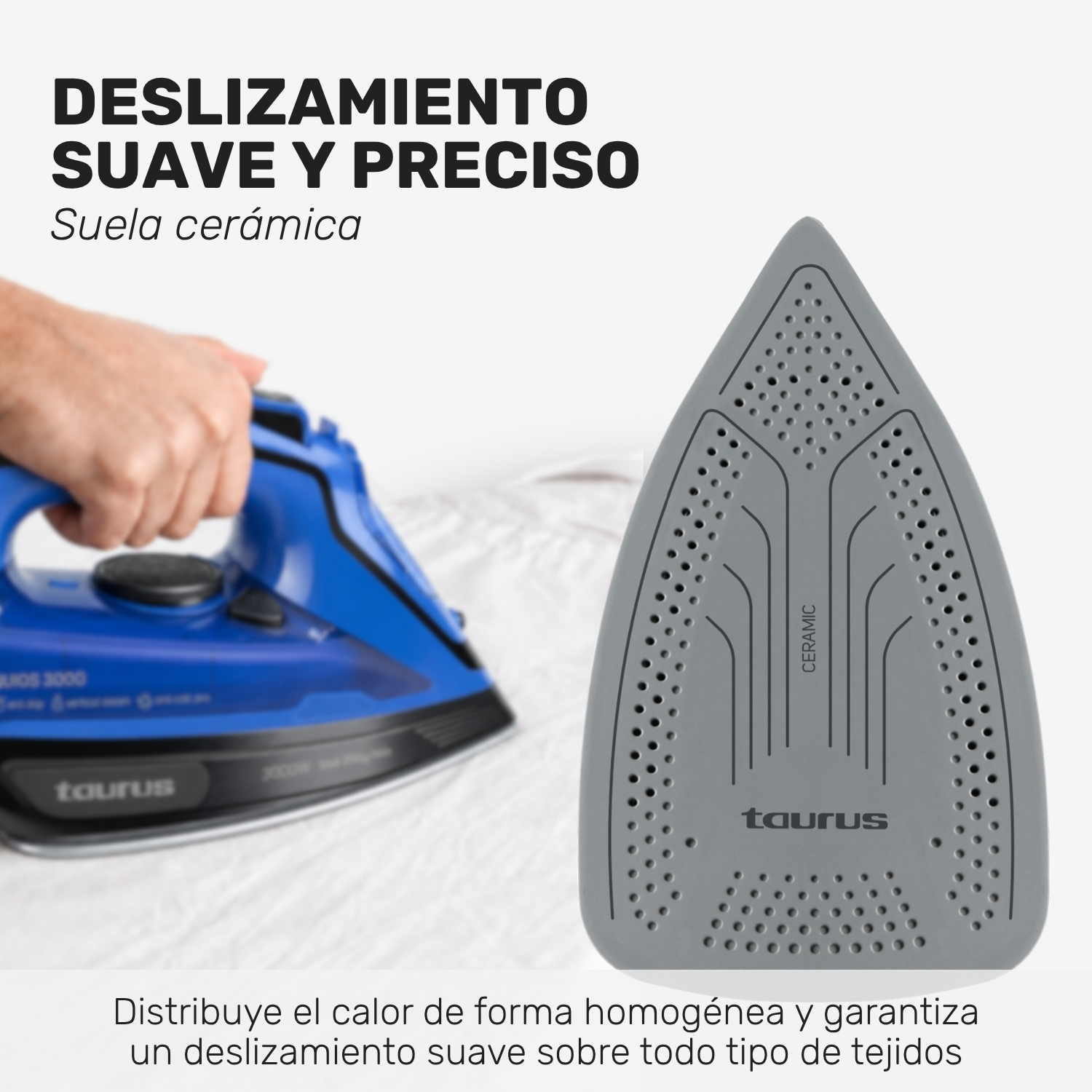 Primer plano de una plancha Taurus azul y una suela cerámica con orificios de vapor, junto a texto en español.