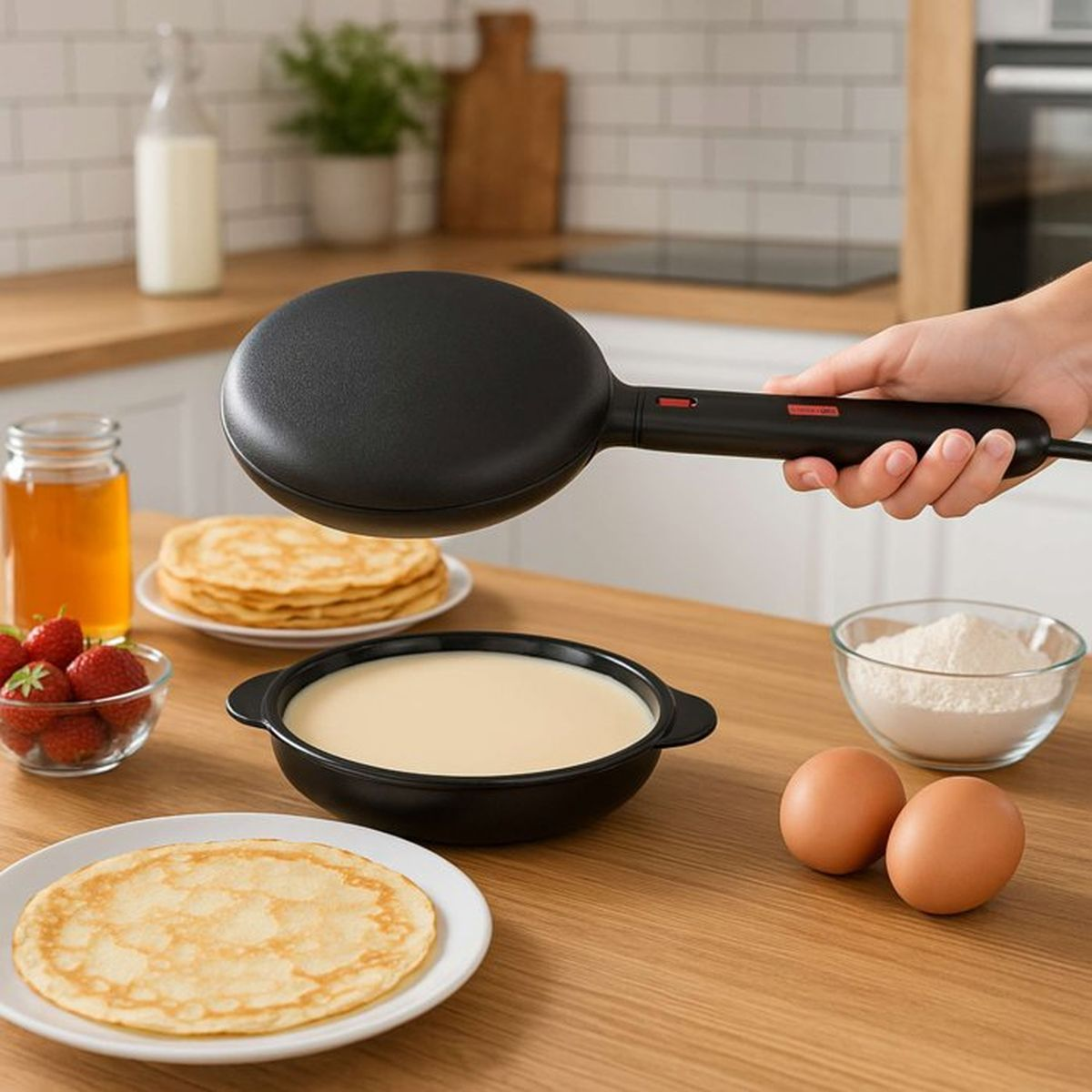 Una mano tiene una piastra per crepe elettrica sopra la pastella in una ciotola su un tavolo di legno con pancake e ingredienti.