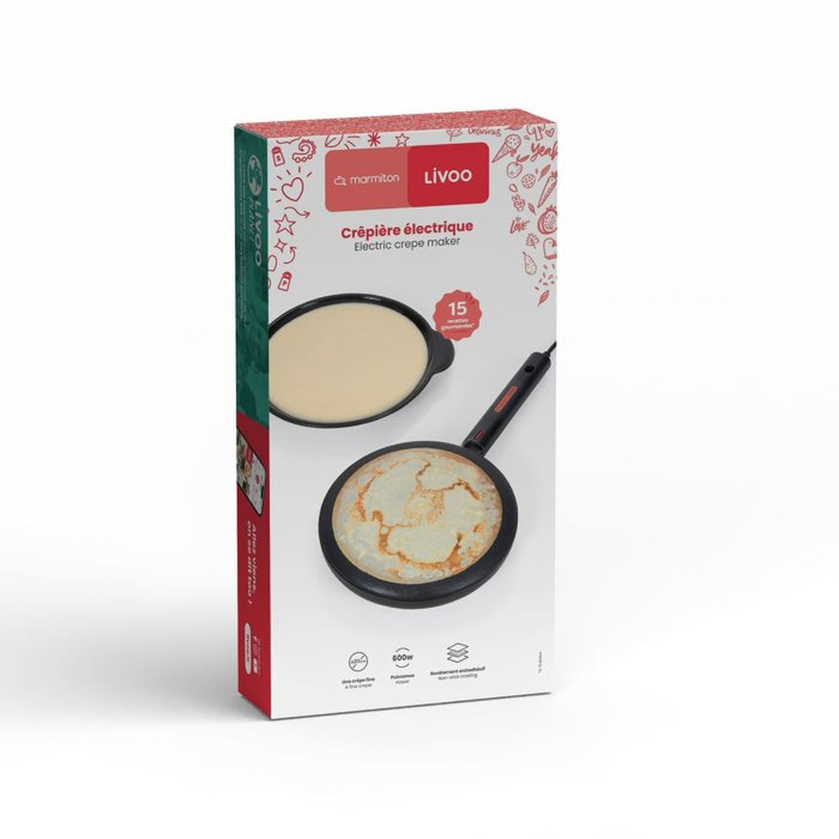 Confezione di una crepiera elettrica rossa e nera con immagini di crêpe.