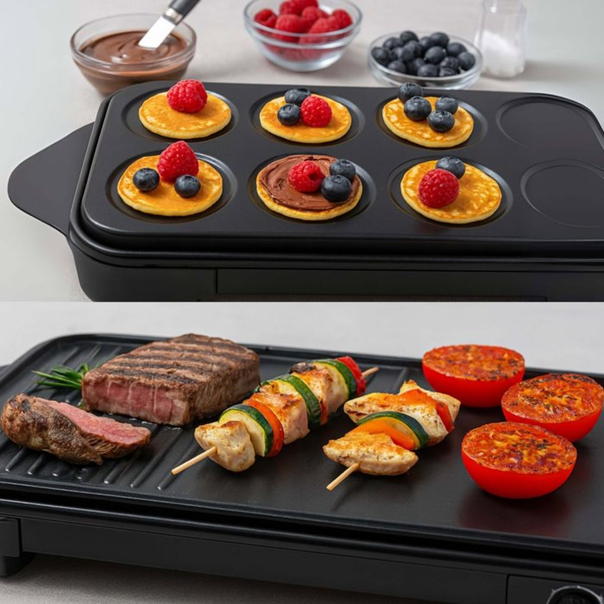 Una piastra elettrica da tavolo mostra mini pancake con bacche sopra e spiedini di carne con pomodori sotto.