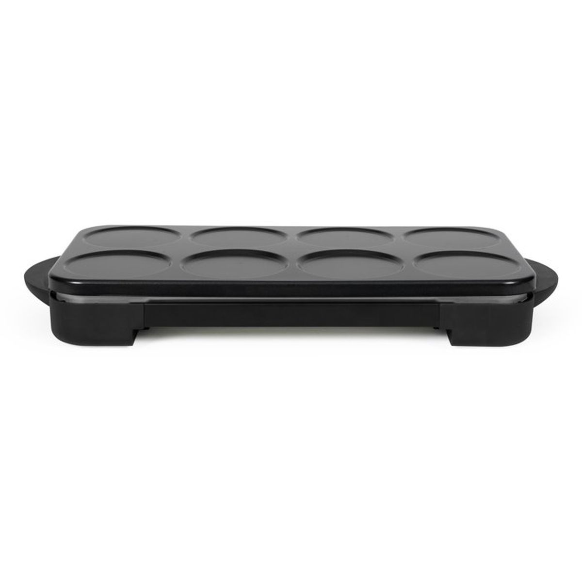 Una piastra elettrica nera con otto stampi circolari su sfondo bianco.
