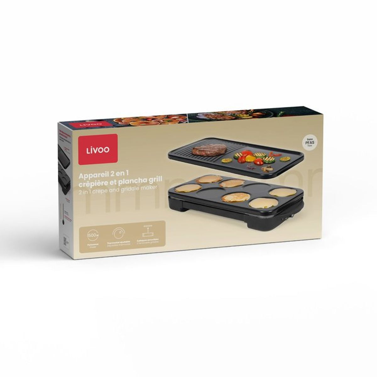 Scatola di una crepiera e piastra 2 in 1 Livoo, con immagini dell'apparecchio e cibo.