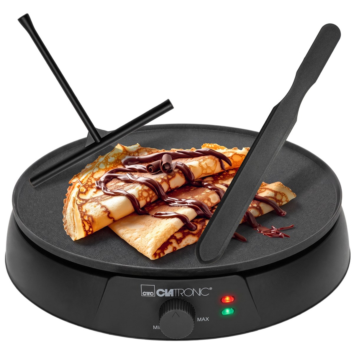 Ein runder, schwarzer Crepemaker mit Schokocrêpes, Teigverteiler und Wendespatel.