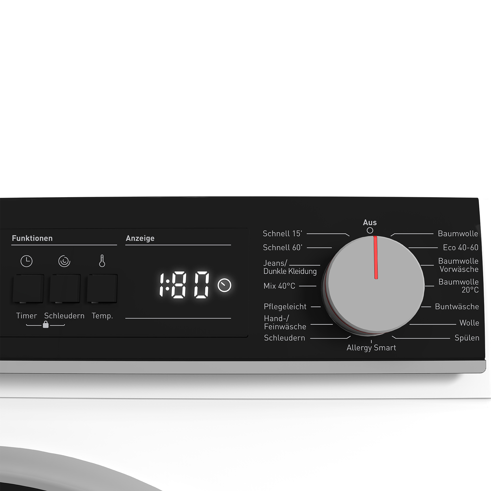 Pannello di controllo della lavatrice con display digitale e manopola su bianco.