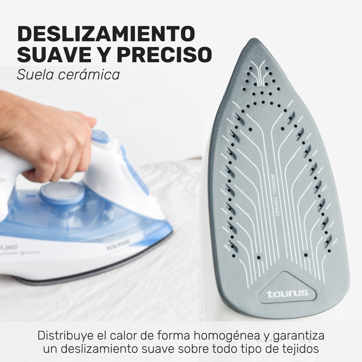 Una plancha blanca y azul con suela cerámica y texto en español en una habitación luminosa.