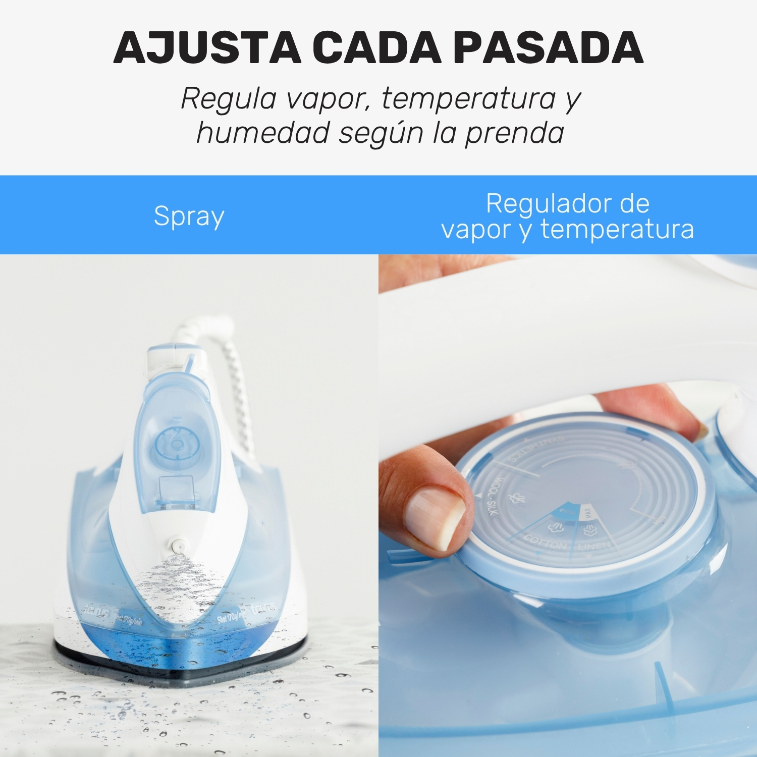 Una plancha azul muestra la función de spray y control de temperatura.