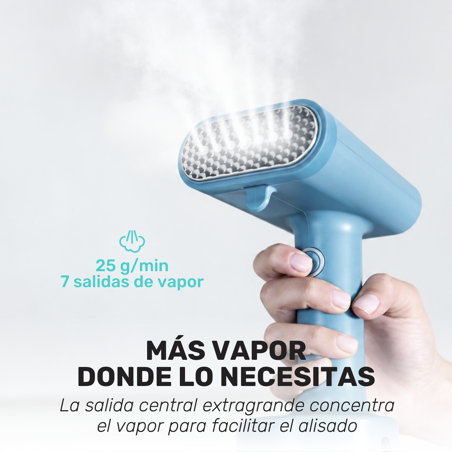 Una mano sostiene un vaporizador de ropa azul que emite vapor. Texto en español destaca características.