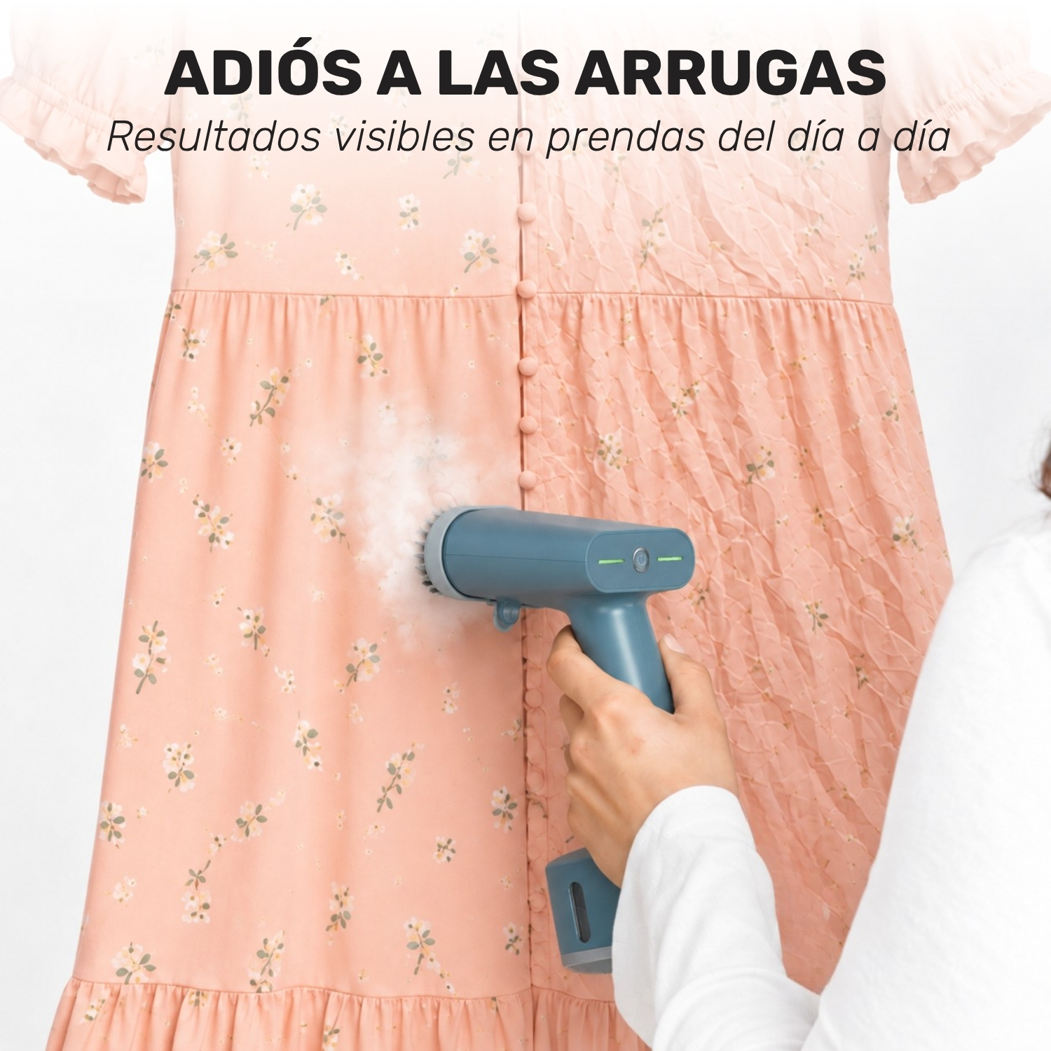 Plancha de vapor de mano alisa un vestido floral rosa, con texto superior que anuncia el fin de las arrugas.