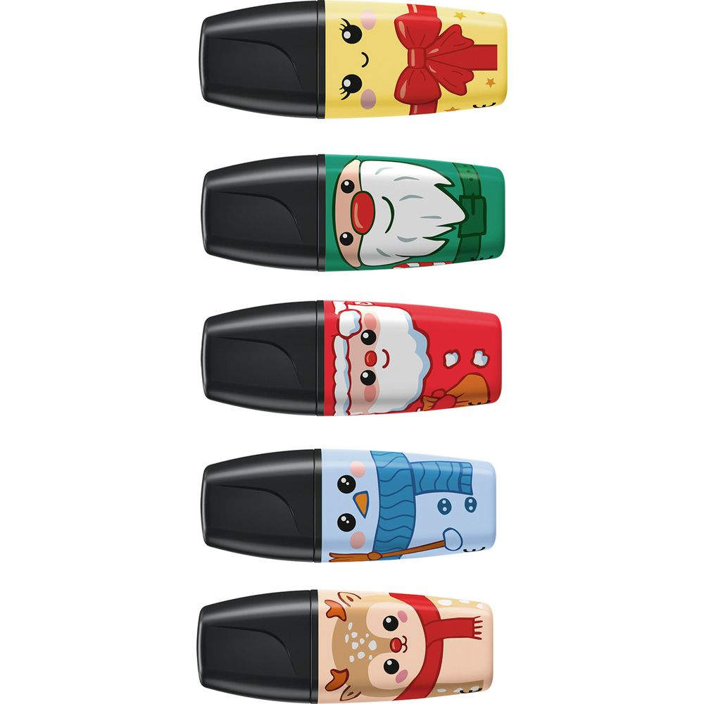 Fünf farbige Textmarker mit Weihnachtsmotiven wie Rentier, Schneemann und Weihnachtsmann vor weißem Hintergrund.