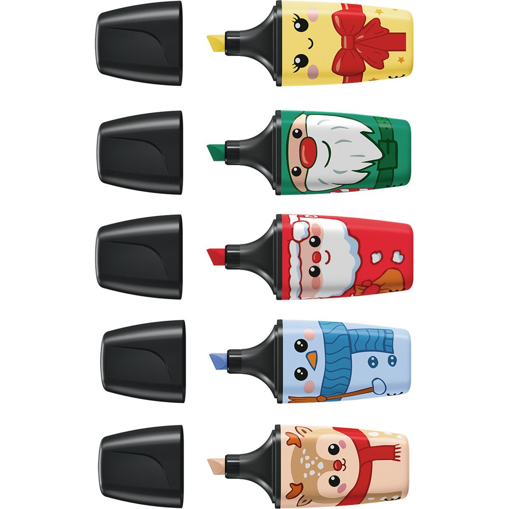 Fünf farbige Textmarker mit Weihnachtsmotiven wie Weihnachtsmann und Schneemann, jeweils mit schwarzer Kappe auf weißem Grund.