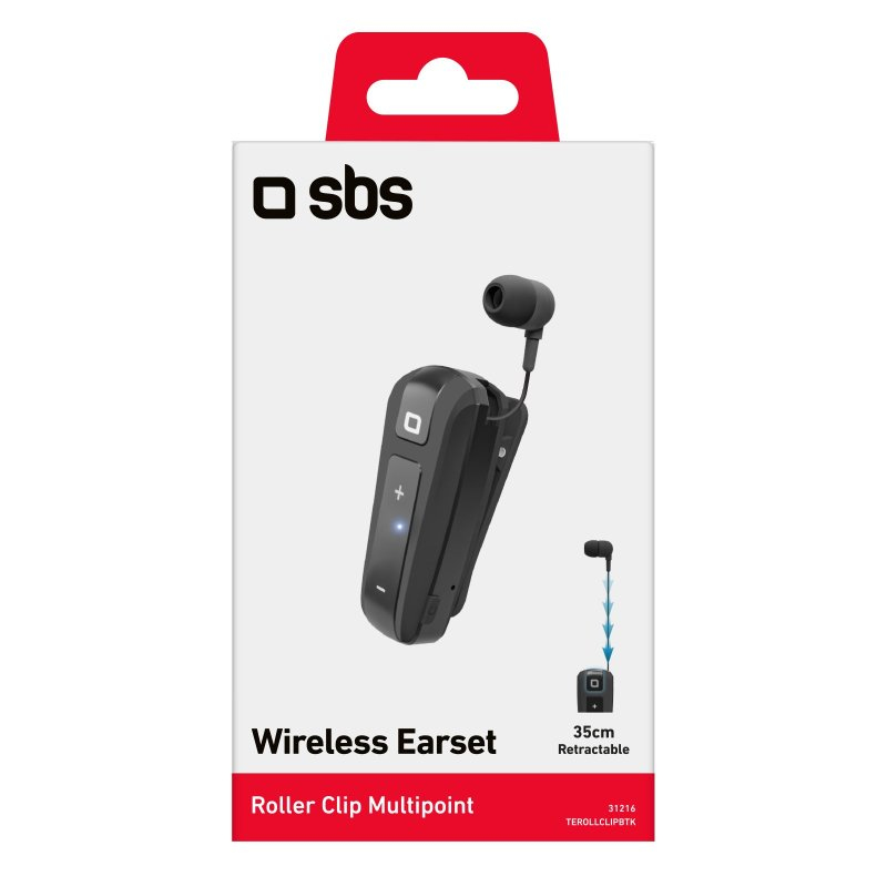Confezione di auricolare wireless con clip a rullo e cavo retrattile.