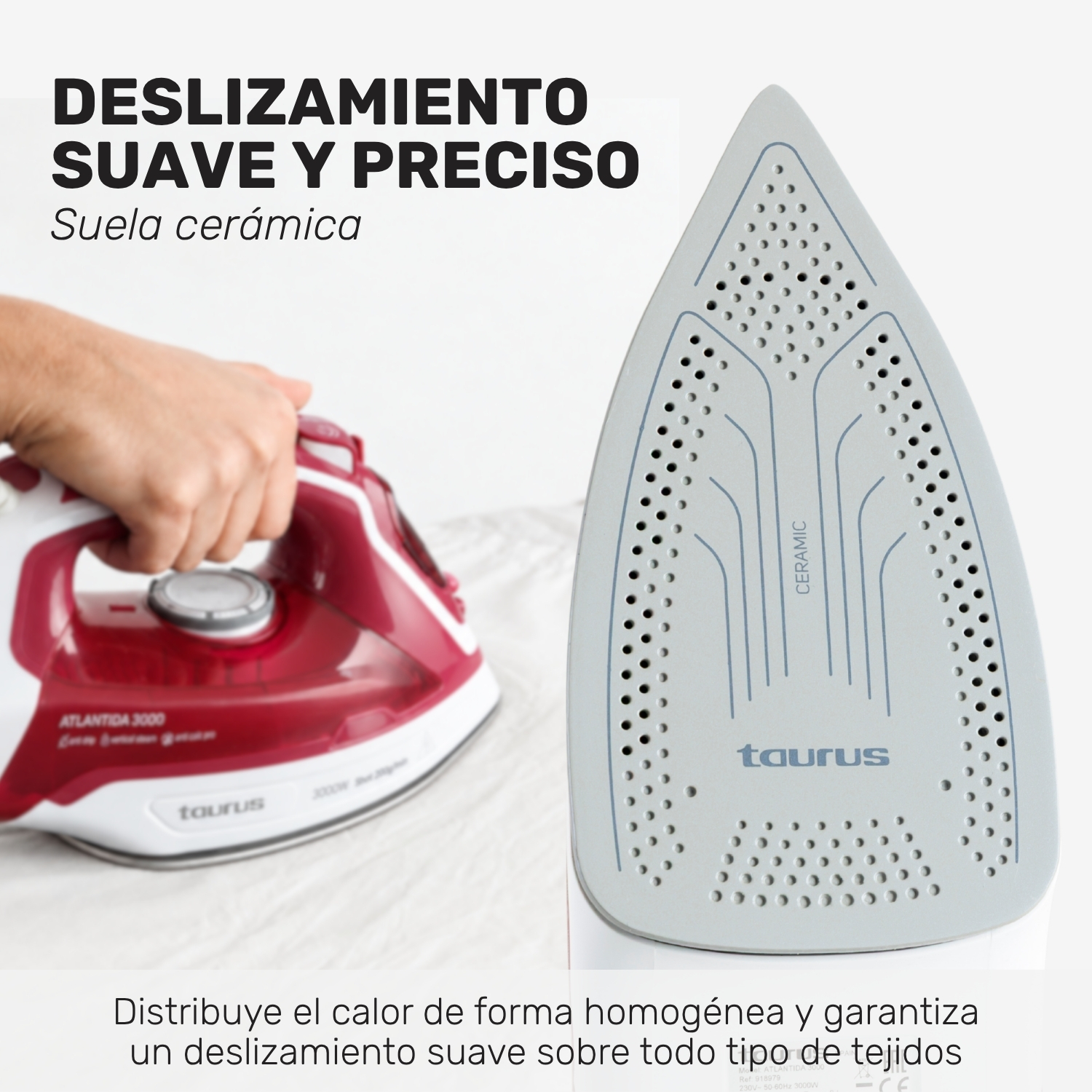 Una mano sostiene una plancha roja y blanca junto a un primer plano de su suela cerámica con orificios.
