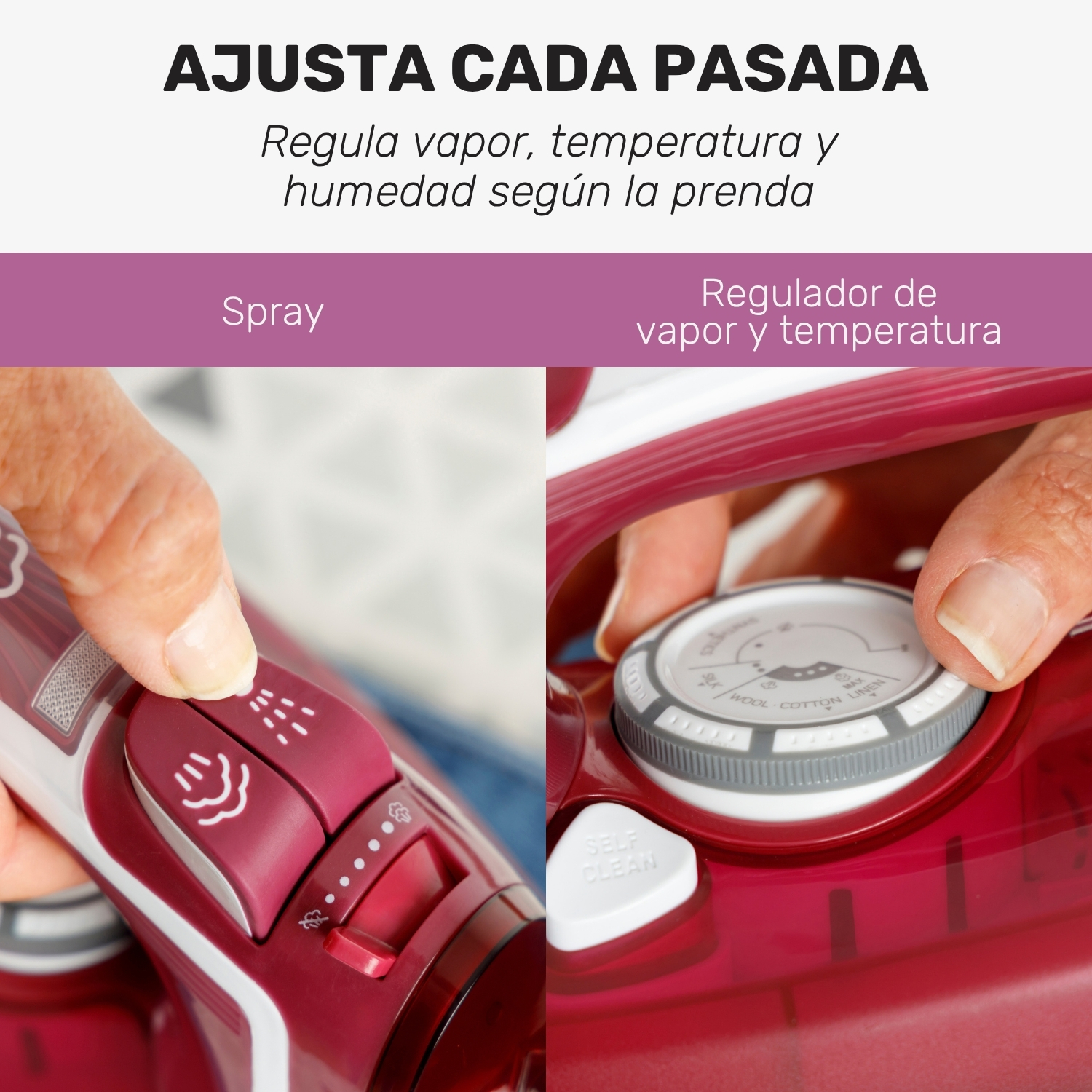Mano presionando botones de spray y vapor en una plancha roja, ajustando controles de temperatura y vapor.