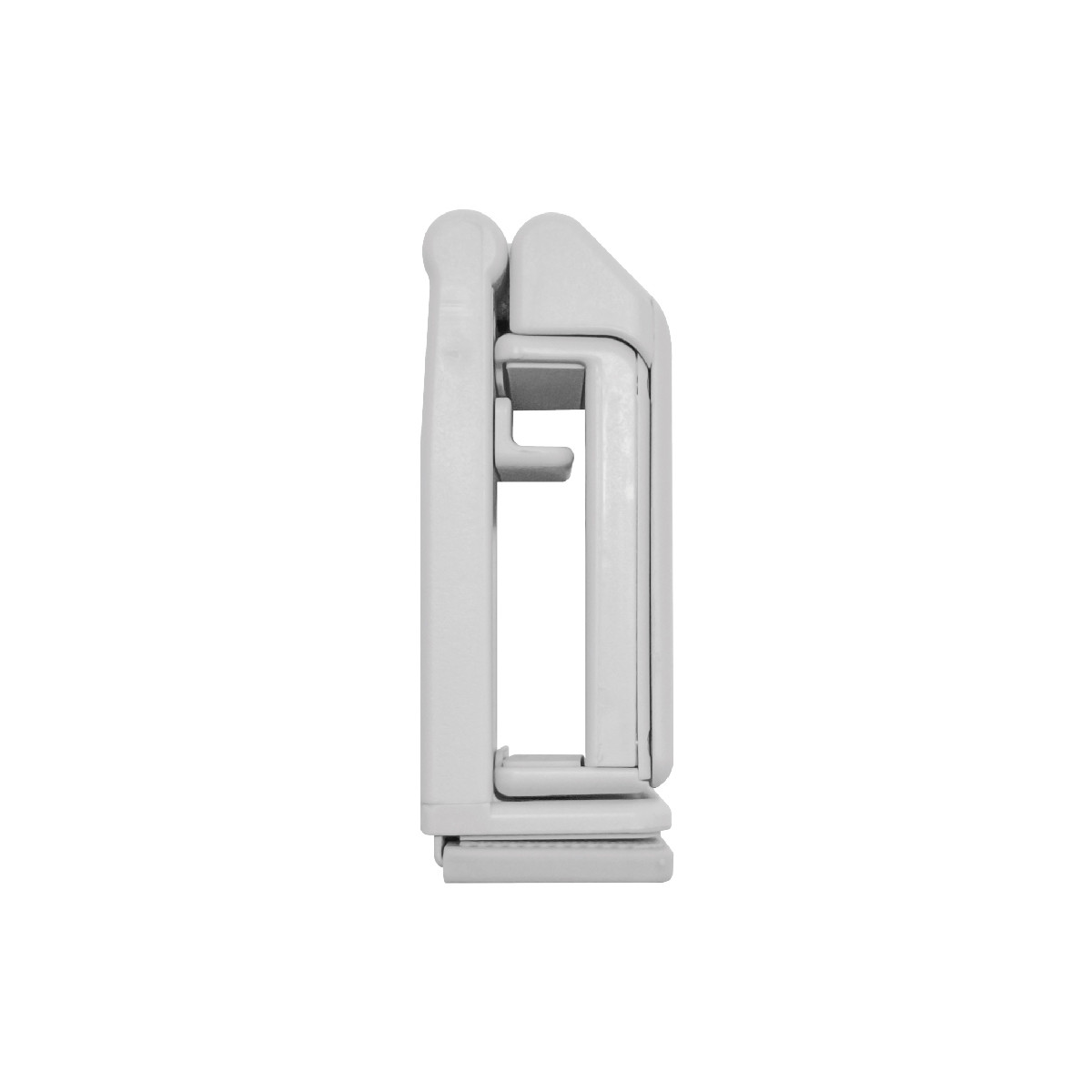 Un componente de plástico blanco en vista lateral con abertura rectangular y gancho.
