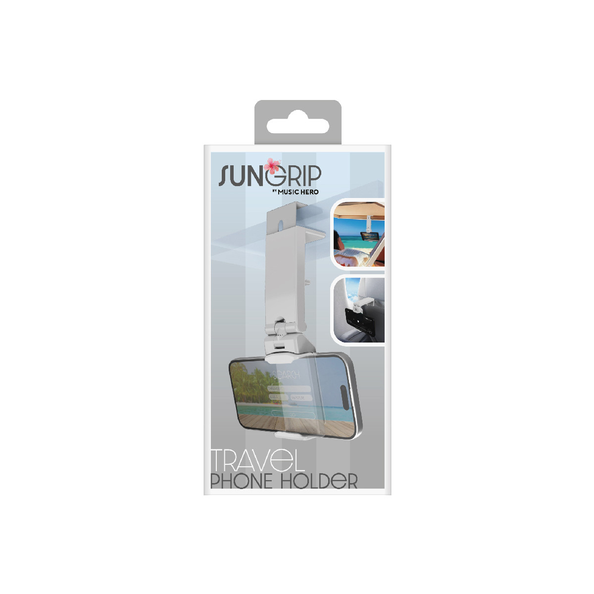Embalaje del soporte para móvil de viaje SunGrip con soporte blanco y smartphone sobre fondo de playa.