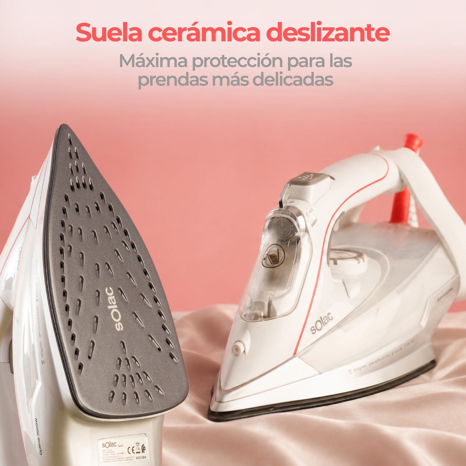 Dos planchas de vapor Solac con suela cerámica sobre fondo rosa, con texto en español sobre prendas delicadas.