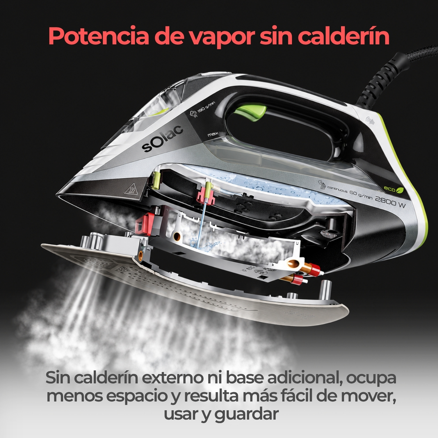 Vista en corte de una plancha de vapor Solac que muestra su mecanismo interno y vapor saliendo.