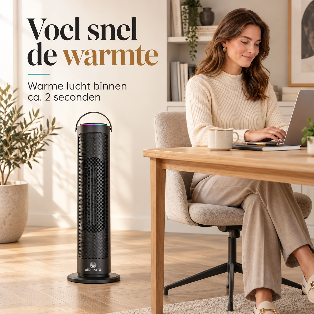 Ein schwarzer Turmheizlüfter steht auf einem Holzboden neben einer Frau, die am Laptop arbeitet.