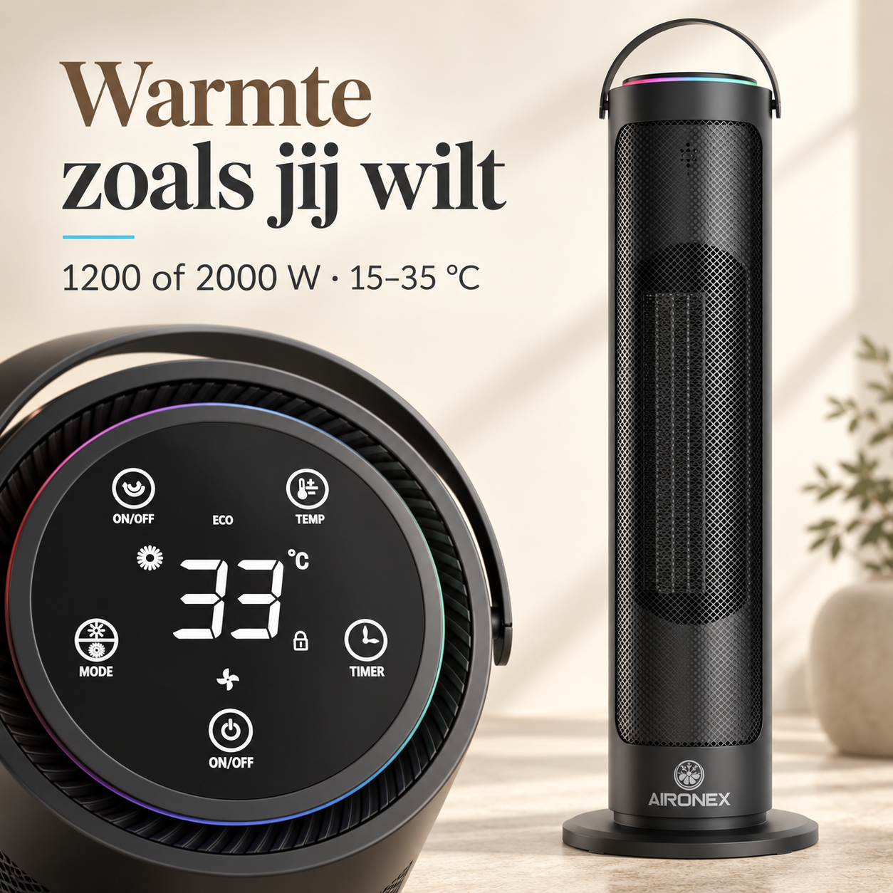 Schwarzer Aironex Turmheizlüfter mit digitalem Display, das 33 Grad Celsius anzeigt, und Werbetext links.