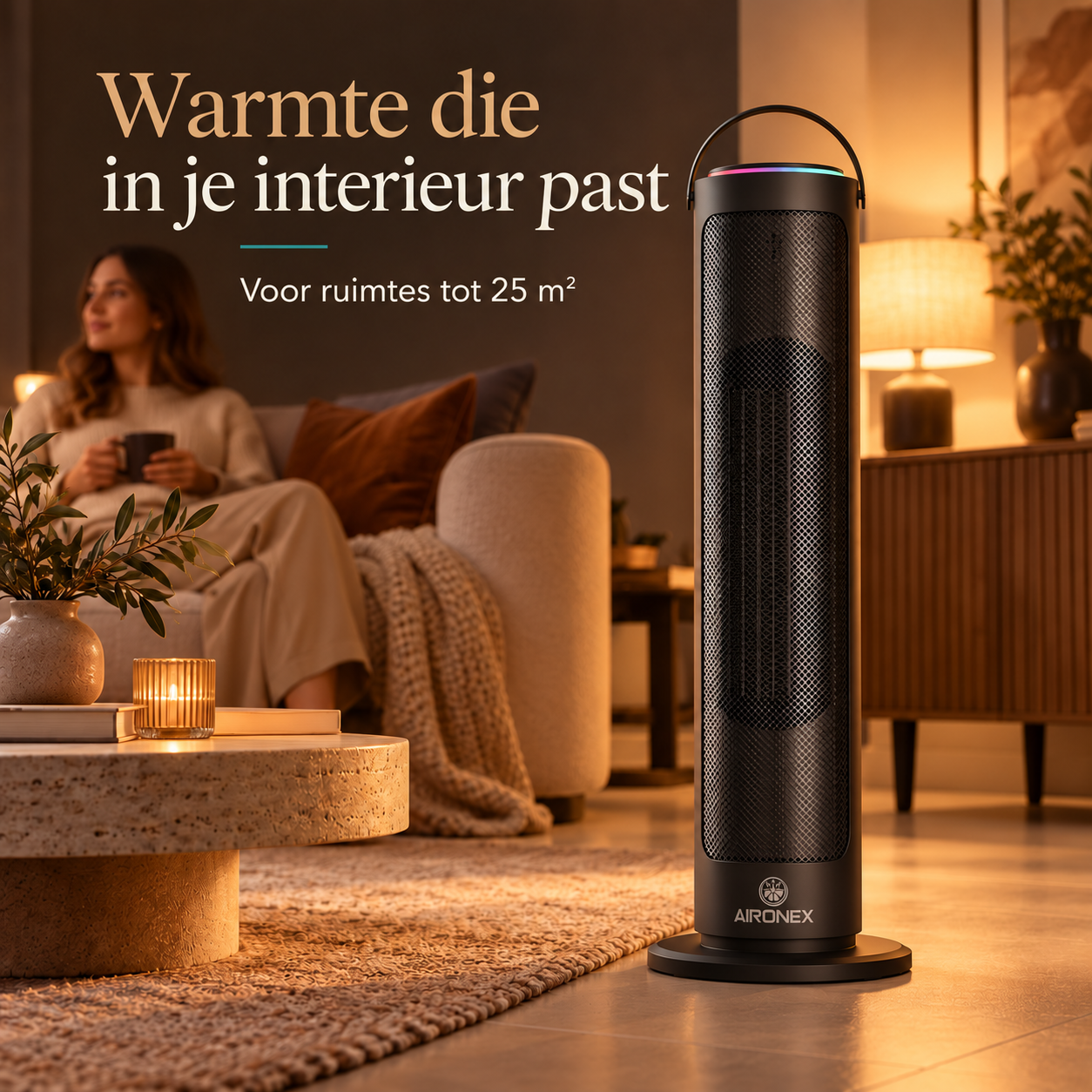 Ein schwarzer Turmheizlüfter steht in einem gemütlichen Wohnzimmer mit einer entspannten Frau im Hintergrund.