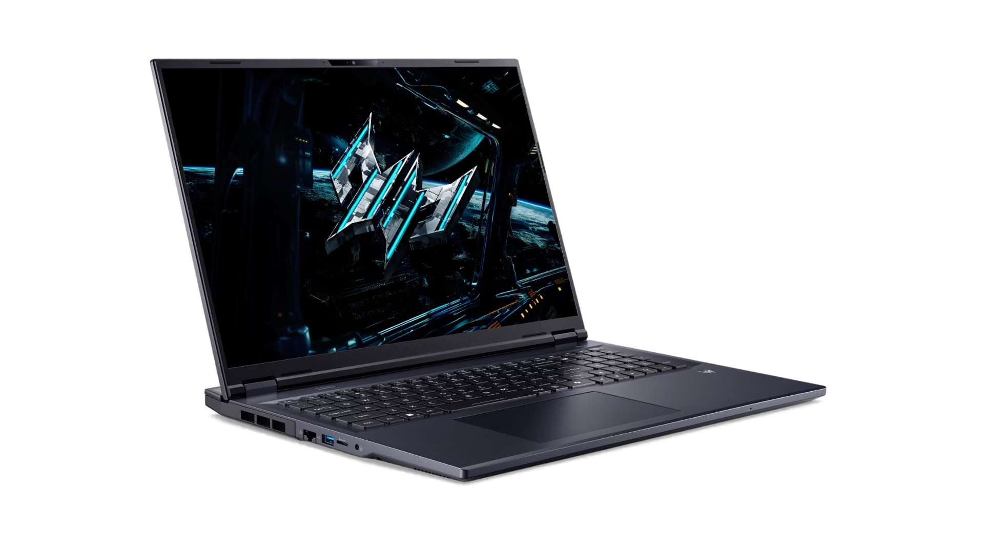 Un computer portatile da gioco nero con uno sfondo futuristico sullo schermo e tastiera retroilluminata.