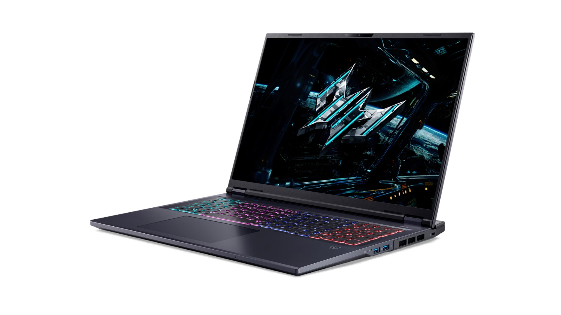 Un laptop da gioco nero con tastiera retroilluminata RGB e uno sfondo a tema fantascientifico.