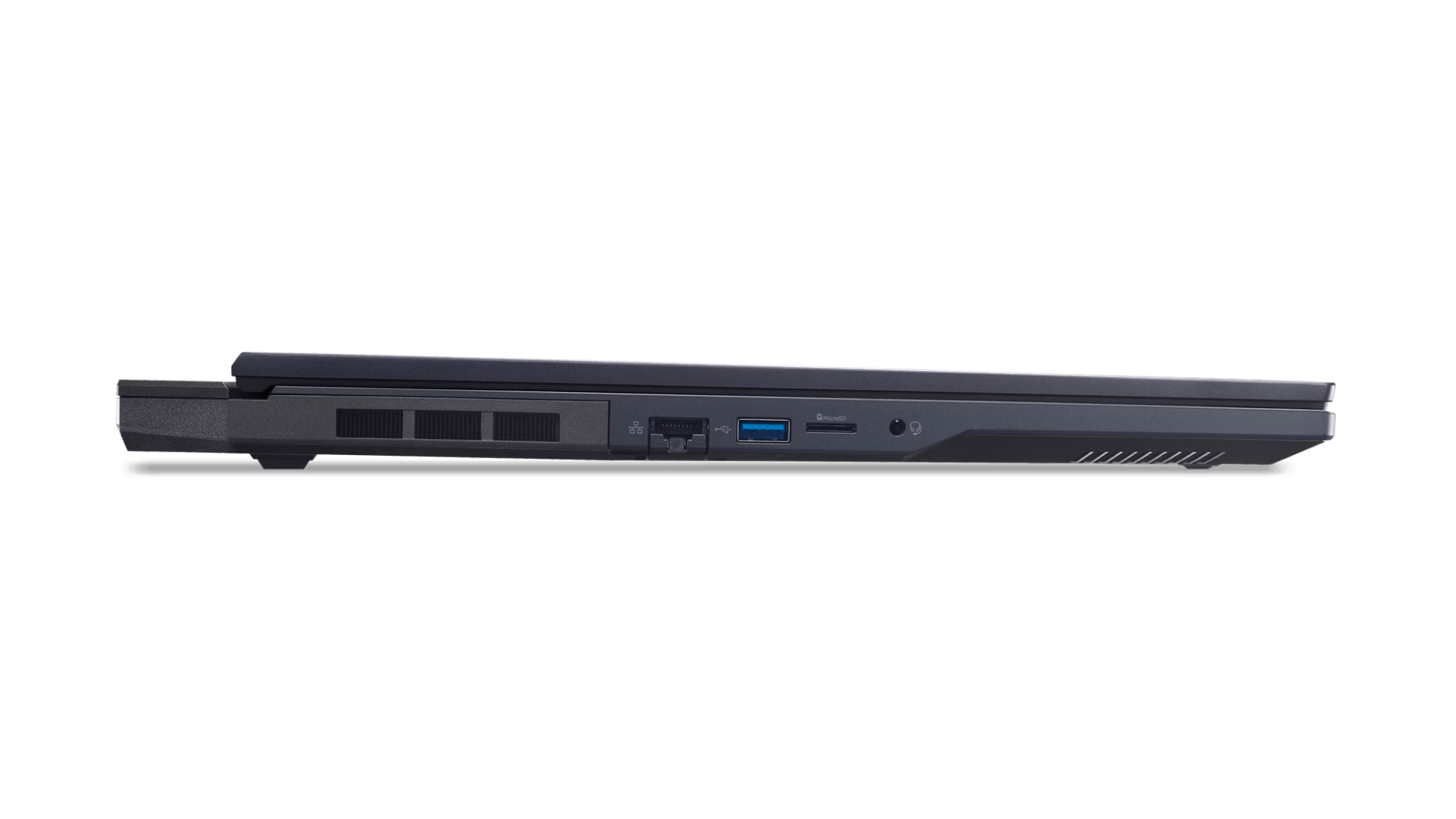 Vista laterale di un laptop scuro che mostra prese d'aria, porta ethernet, porta USB, slot microSD e jack audio.