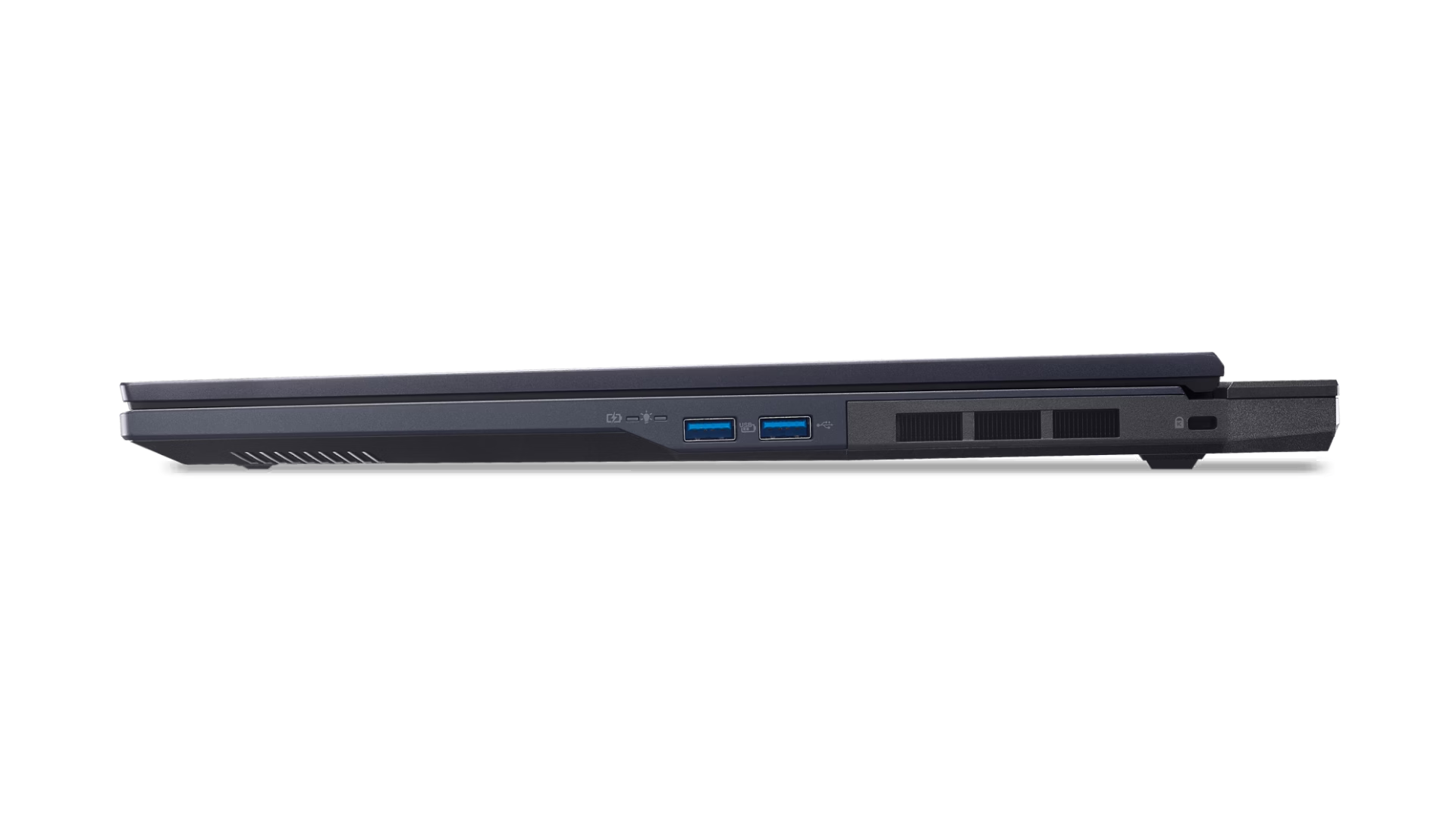 Vista laterale di un laptop scuro chiuso con due porte USB blu e feritoie di ventilazione.