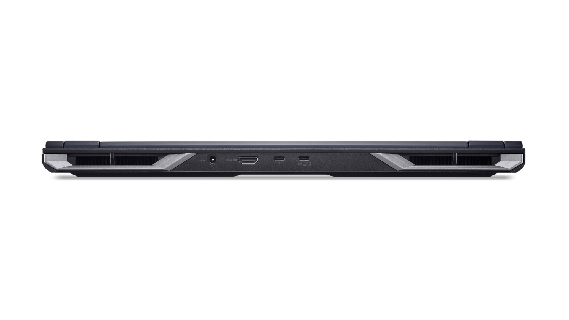 Vista posteriore di un laptop nero con varie porte e griglie di ventilazione su sfondo nero.