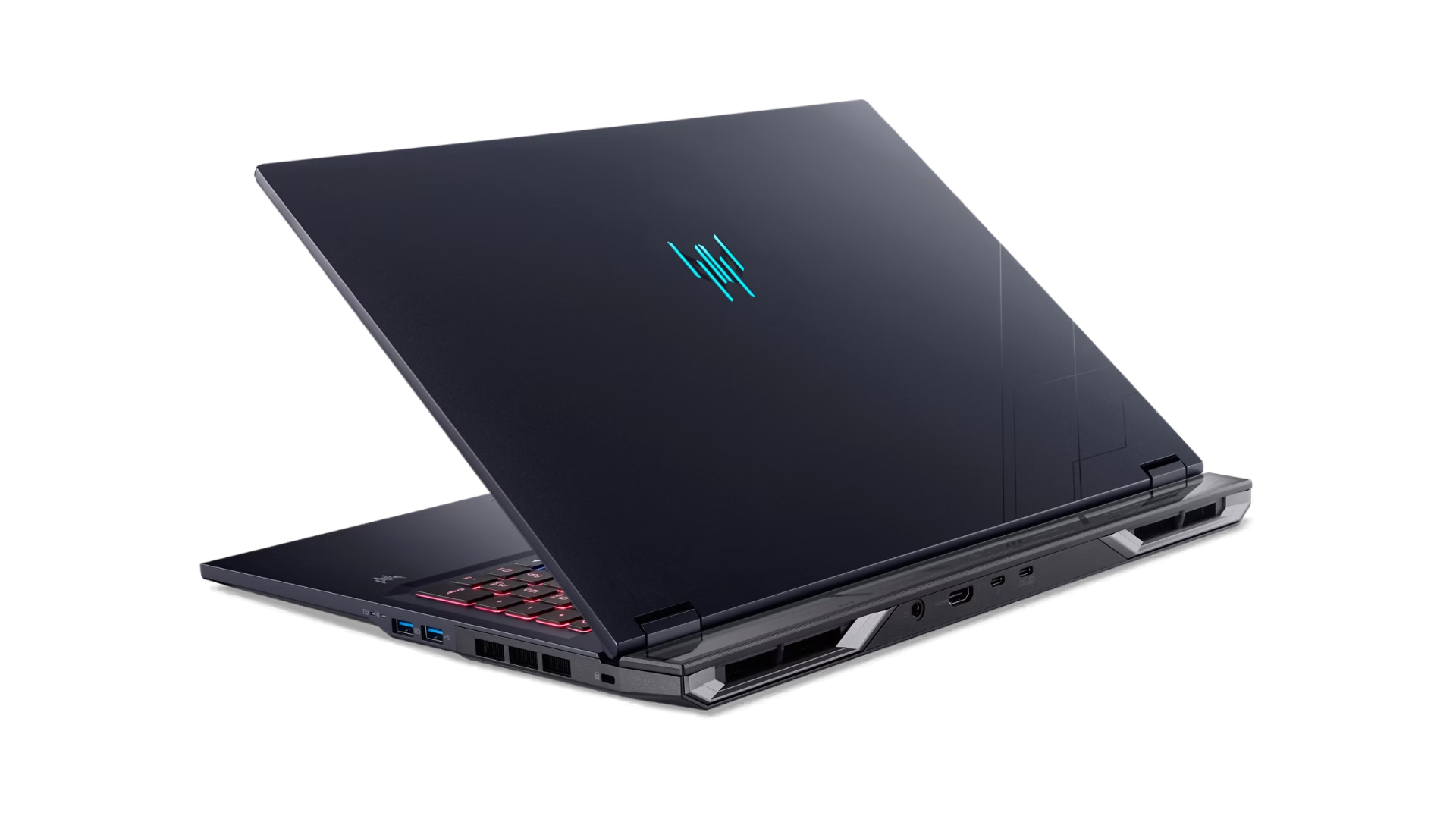 Un laptop da gioco scuro chiuso con un logo blu luminoso sul coperchio e tasti rossi su sfondo nero.