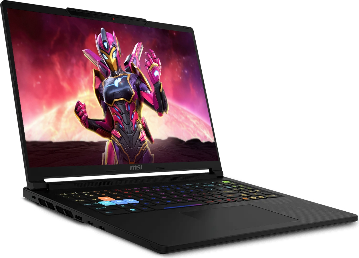 Siyah renkli bir MSI oyuncu dizüstü bilgisayarı pembe bir oyun karakteri gösteriyor.