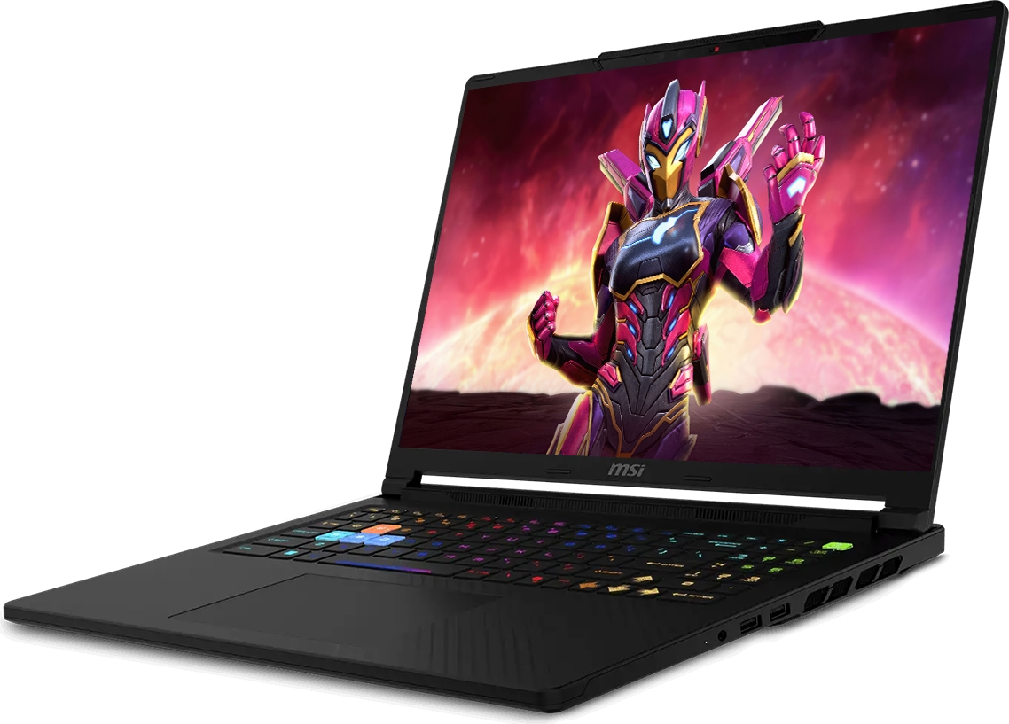 Ekranında pembe-altın renkli fütüristik bir karakter olan siyah MSI dizüstü bilgisayar, RGB klavyeli.