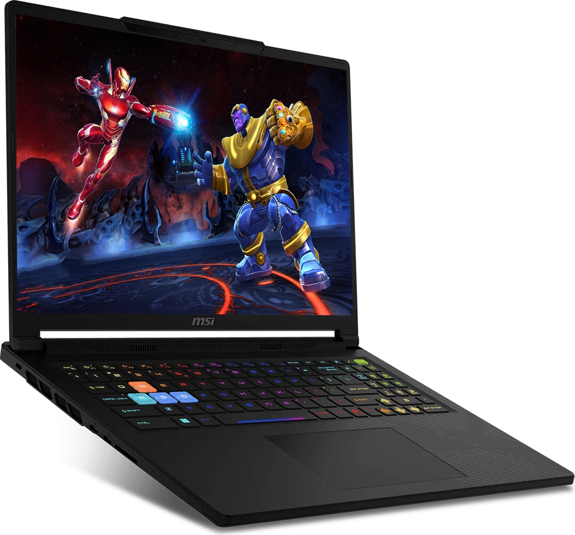 Arkadan aydınlatmalı klavyeye sahip, ekranında Marvel'ın Iron Man ve Thanos karakterlerinin dövüştüğü bir MSI oyuncu dizüstü bilgisayarı.