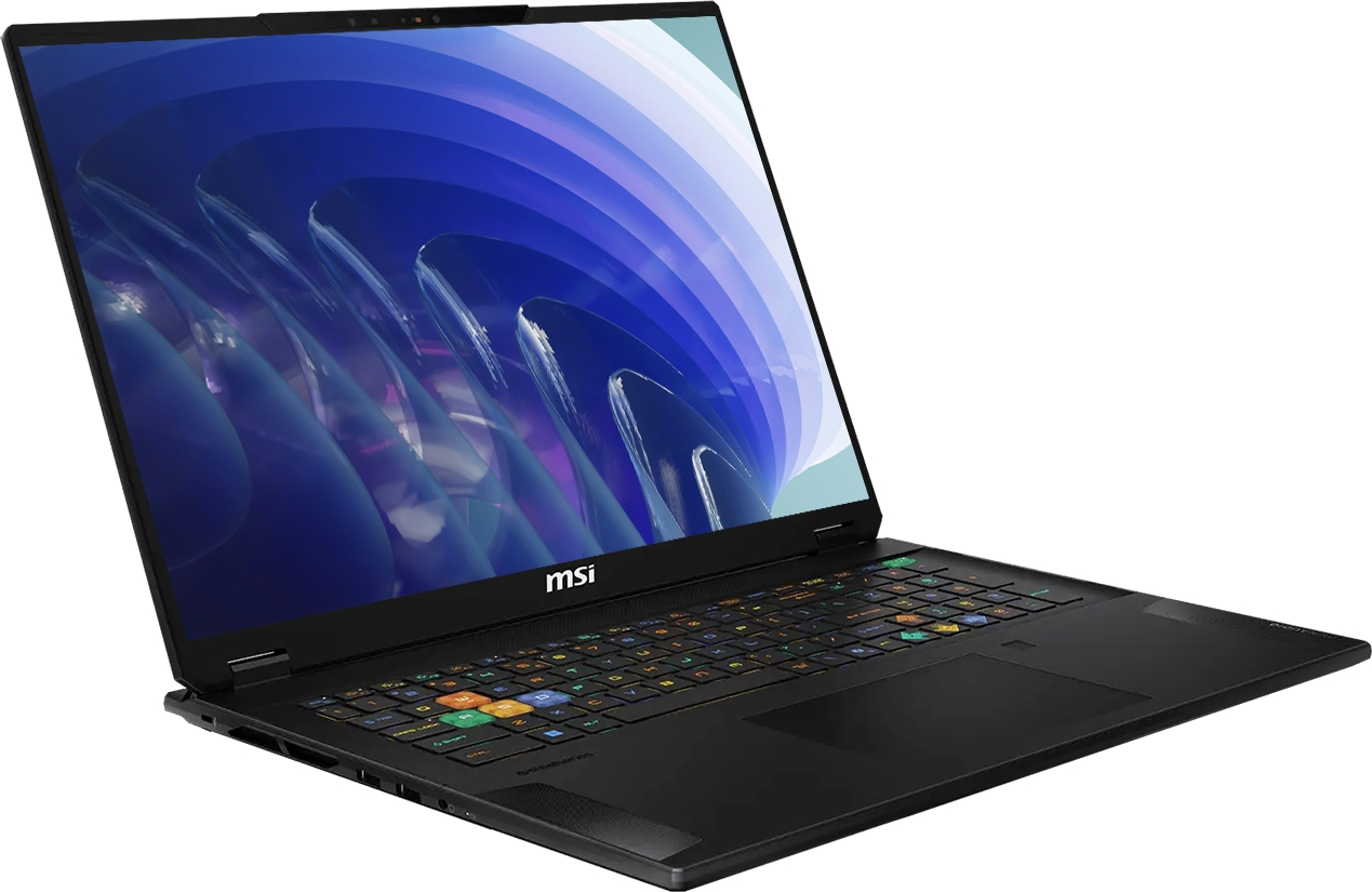 Beyaz arka planda mavi soyut duvar kağıdı ve renkli arkadan aydınlatmalı klavyeye sahip açık siyah MSI dizüstü bilgisayar.