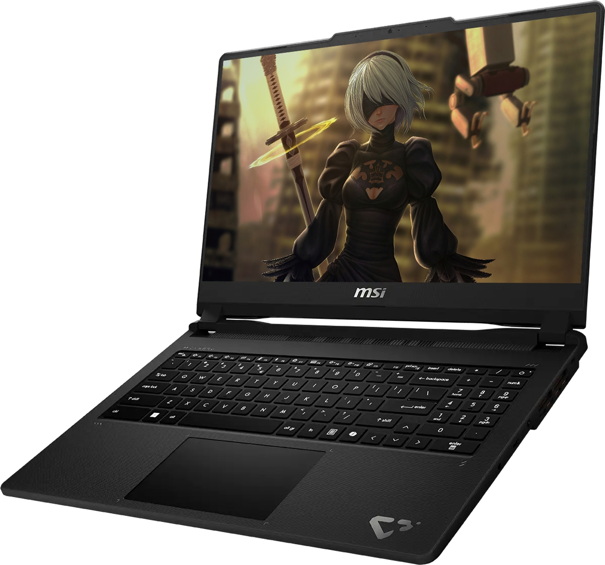 Kılıç tutan bir anime karakteri duvar kağıdı gösteren siyah bir MSI dizüstü bilgisayar.