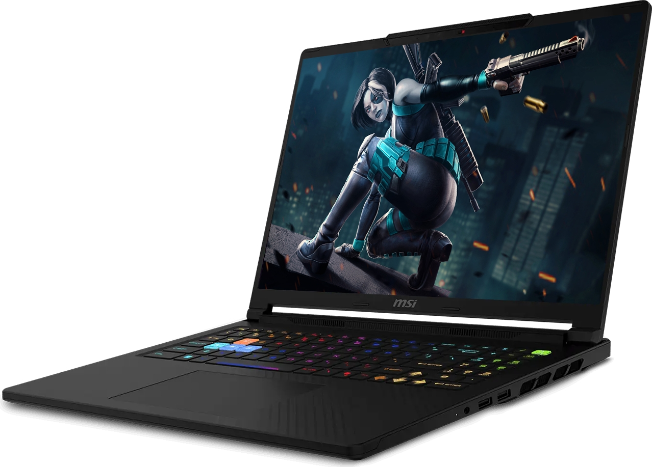 RGB klavyeli siyah bir oyun dizüstü bilgisayarı, karanlık bir arka planda ekranda bir oyun sahnesi görüntülüyor.