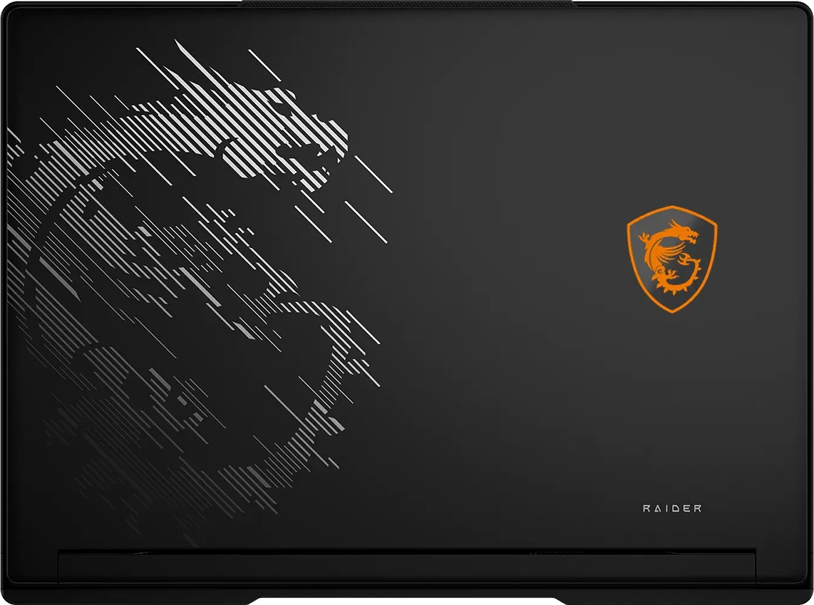 Beyaz çizgili ejderha grafiği ve turuncu MSI kalkan logosu olan siyah laptop kapağı.