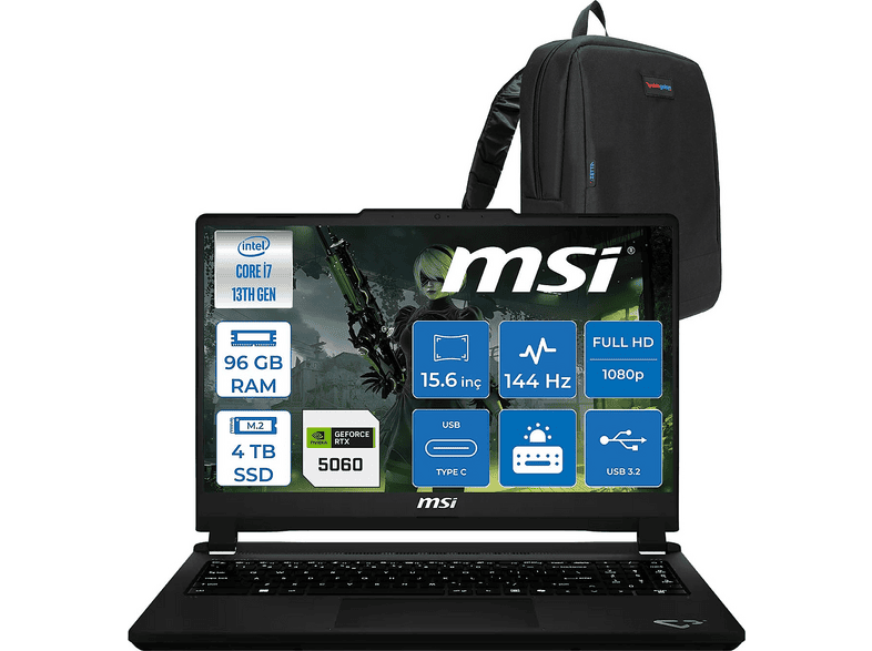 MSI Cyborg 15 Max DDR5 RTX5060 065XTRF40 Intel Core i7-13620H 96 GB RAM 4 TB SSD 15,6 inç FreeDOS Laptop+Çanta Platinum Gri
